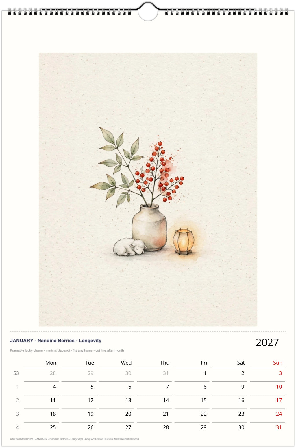 2027 Japandi Art Calendar – Year of Sheep, Framable Watercolor Prints (A3)